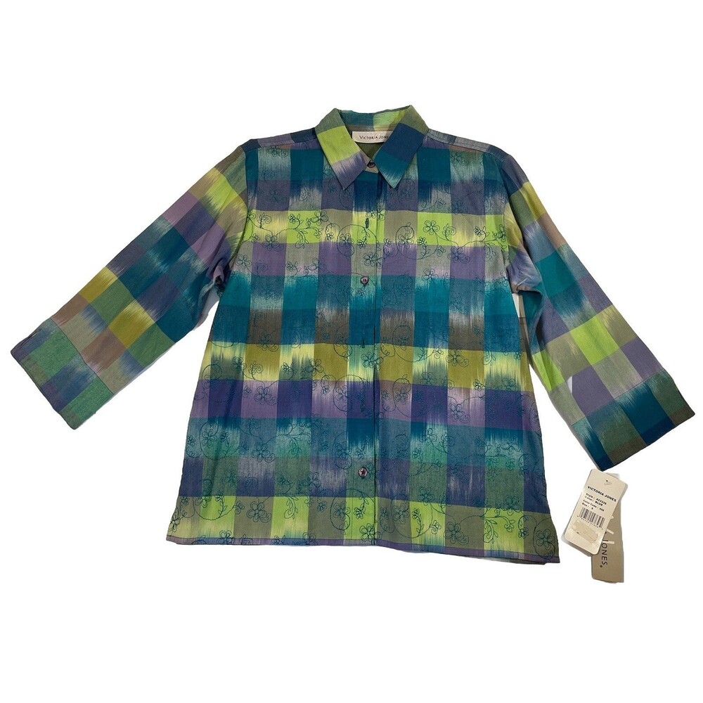 Victoria Jones Shirt Women’s Small Plaid Blue Green 3/4 Sleeve Vintage 90s NEW